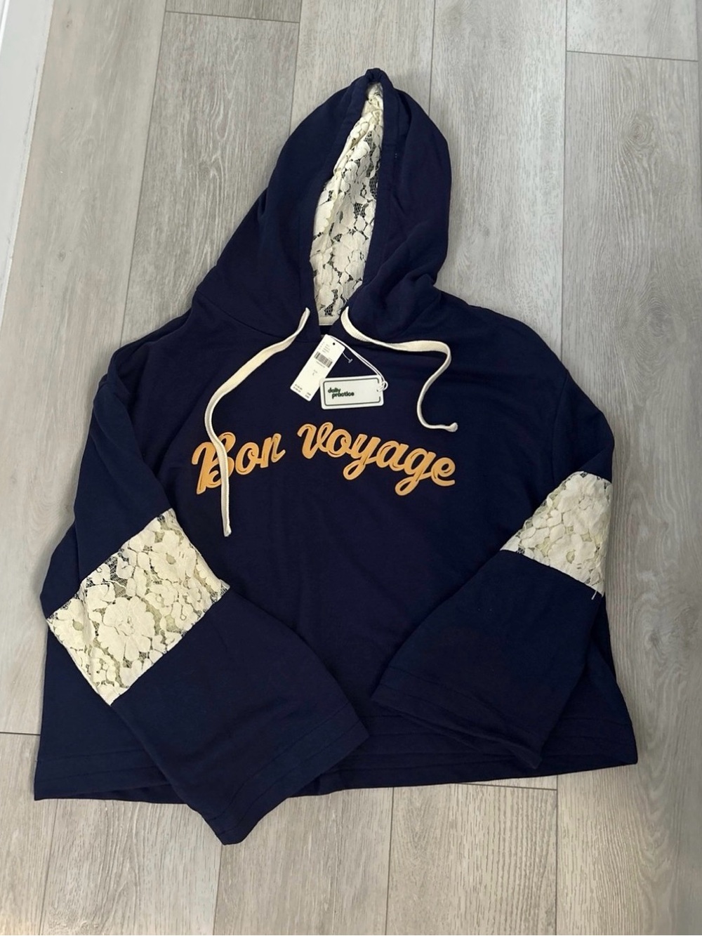 Daily Practice Bon Voyage Lace-Trim Navy Hoodie Sweater